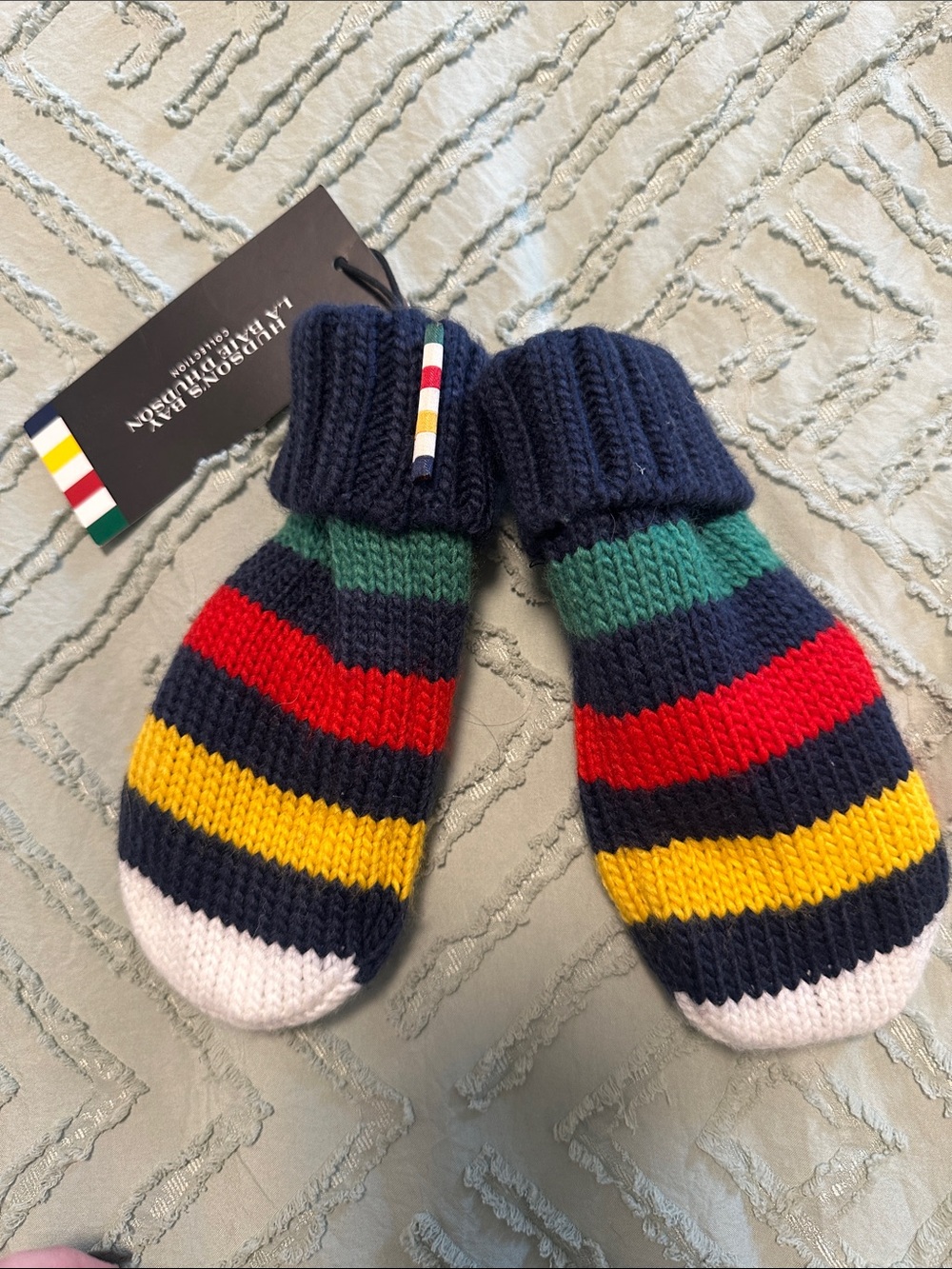 HBC Youth Striped Knit Mittens in Navy, Red, Yellow, Green & White